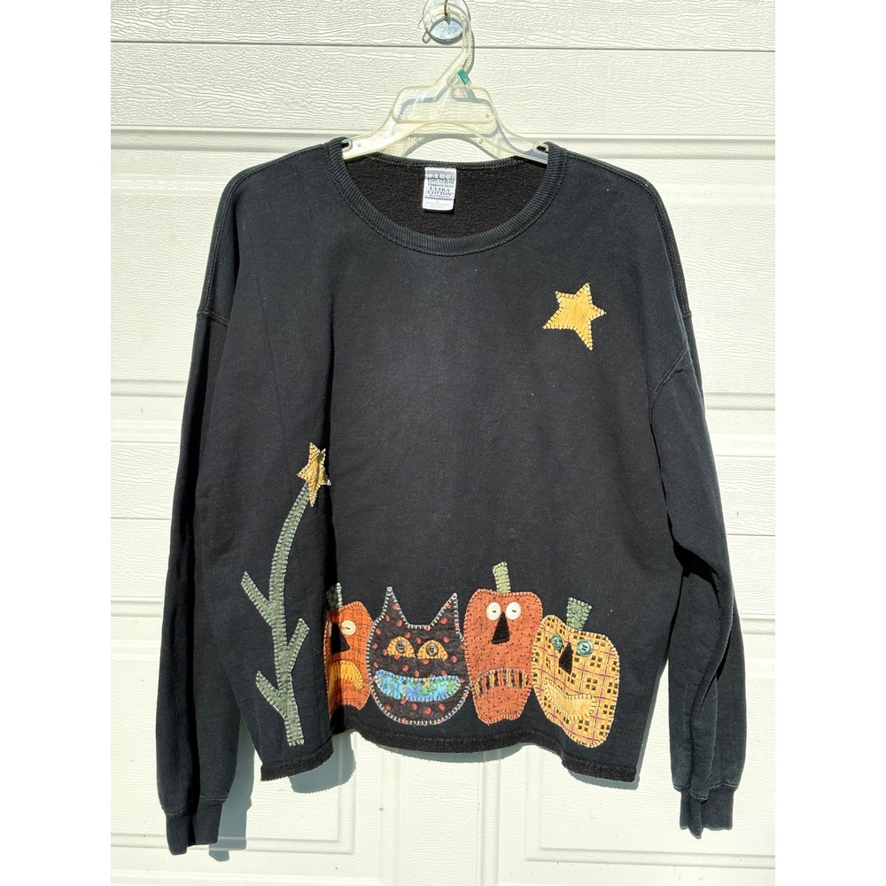 Black Fleece Sweatshirt Pumpkin Cat Star Applique Fall Halloween Handmade XL